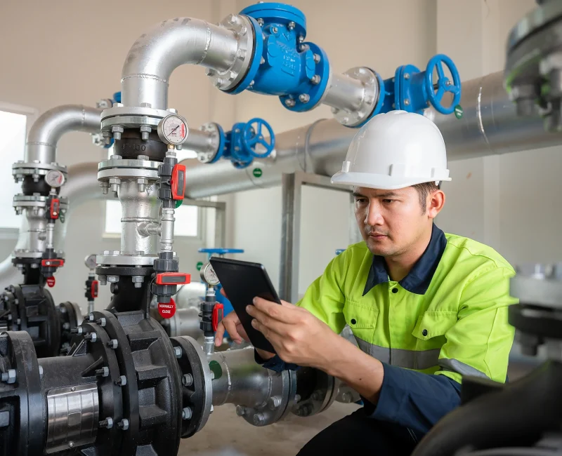 Construction worker wearing white hard hat and green boiler suit looking at tablet.