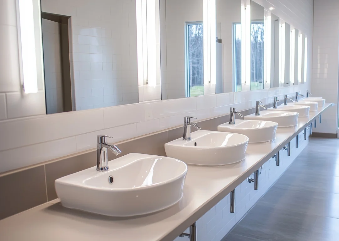 White sinks in a public washroom with mirrors and lights above.
