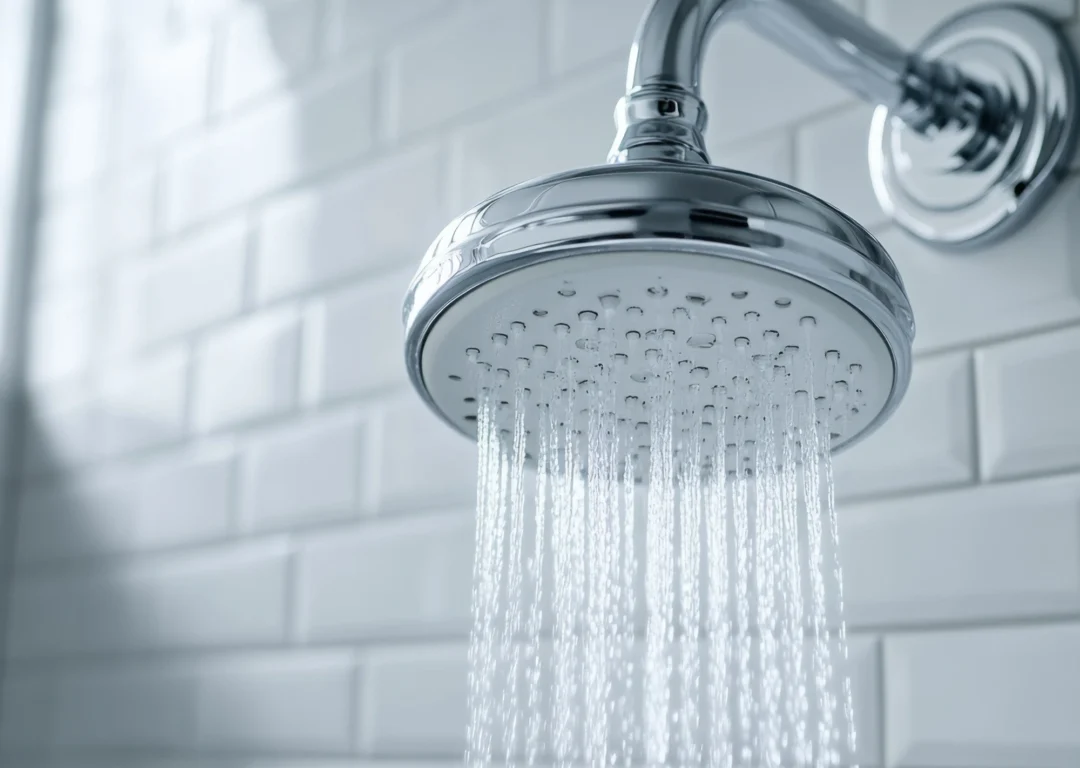 A close-up of a chrome shower head spraying clear water.
