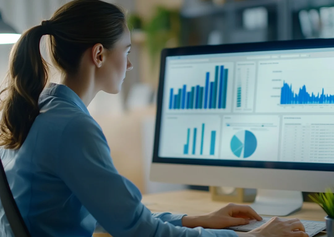 Woman analysing data on a computer for facilities management.
