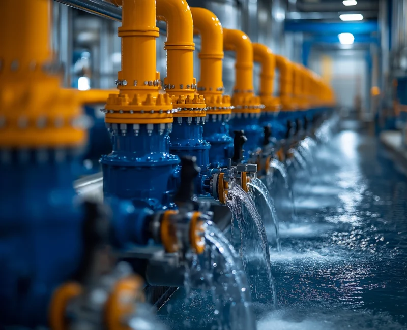 Industrial water treatment pipes with flowing water.