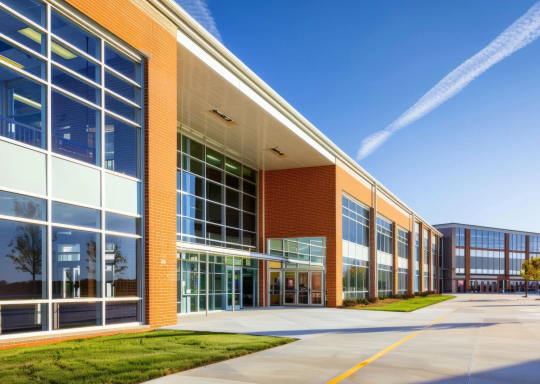 Modern school building exterior under blue sky.