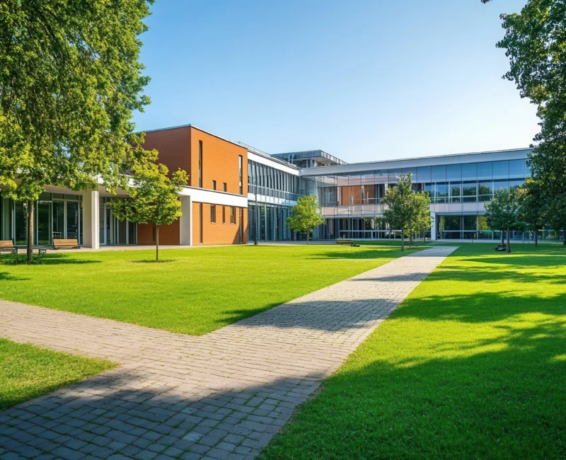 Exterior of a modern school with green lawn and walkways.