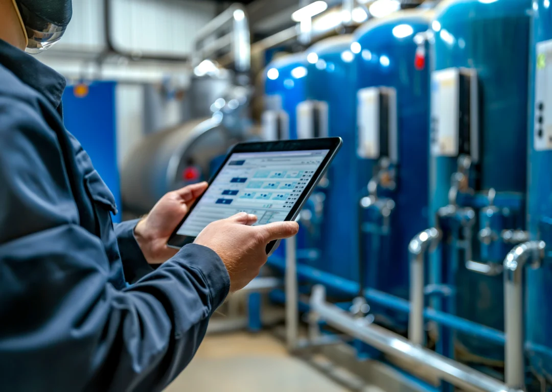 Technician reviewing data on a tablet in an industrial water testing facility.
