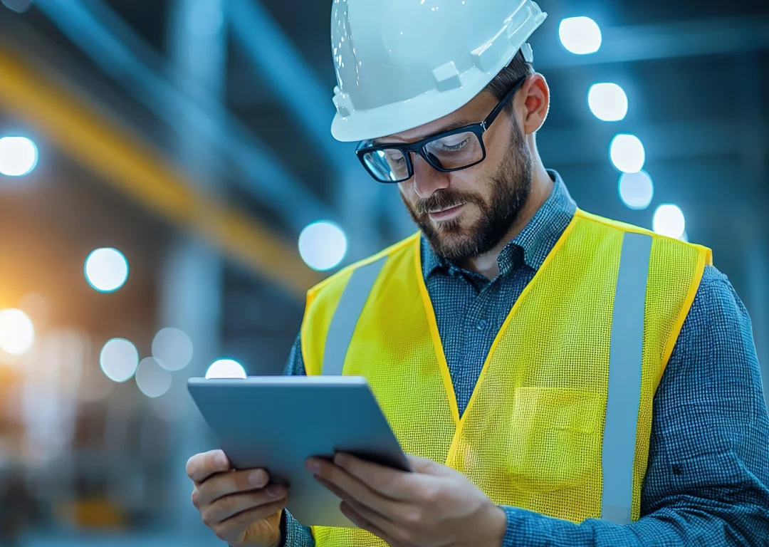 Engineer in hard hat and vest using a tablet.