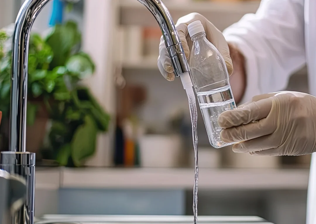 Hands in gloves collecting water sample for microbial testing.