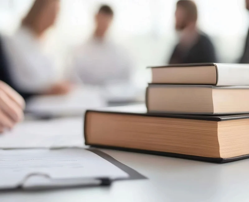 Piles of books and a clipboard piled up on a meeting table during a legionella training session.